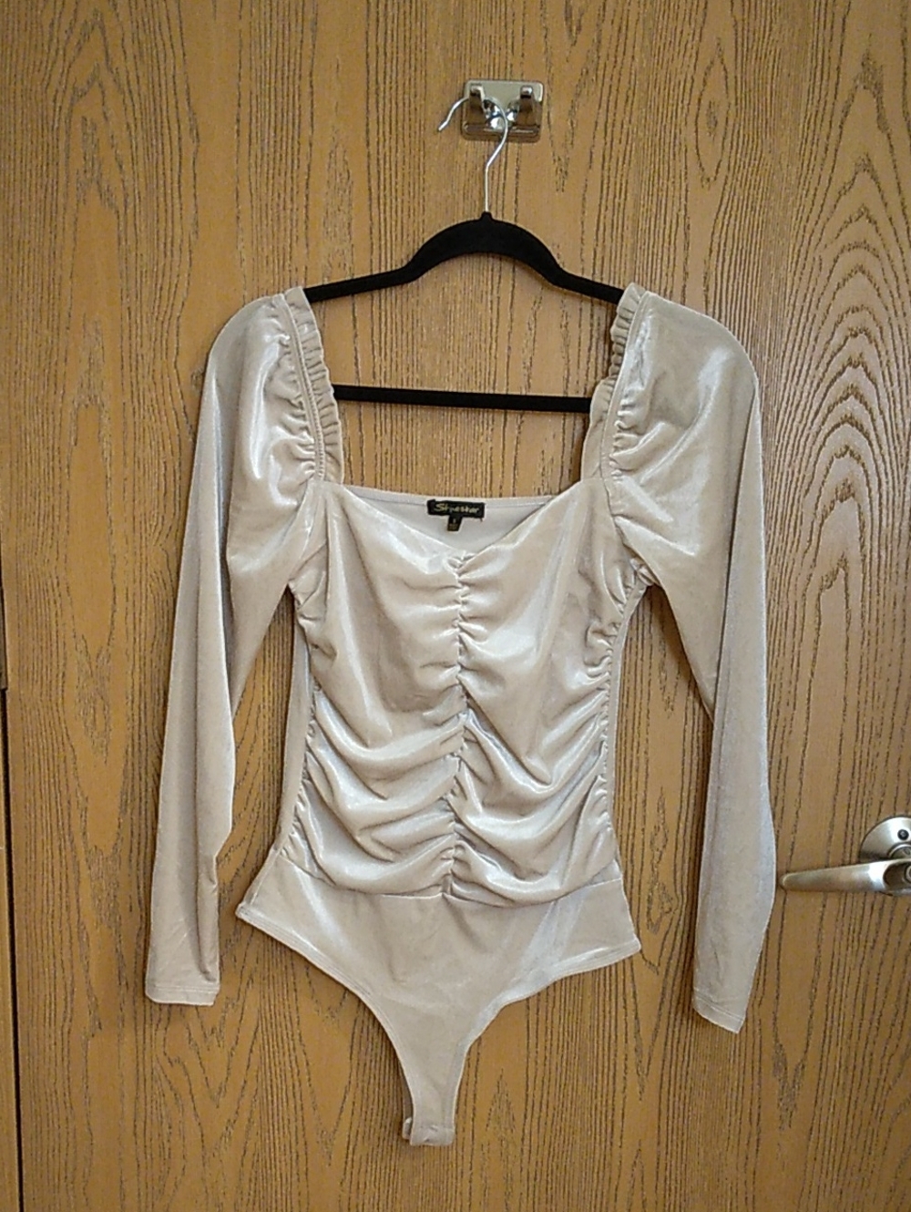 Shinestar Cream Ruched Velvet Long-Sleeve Bodysuit